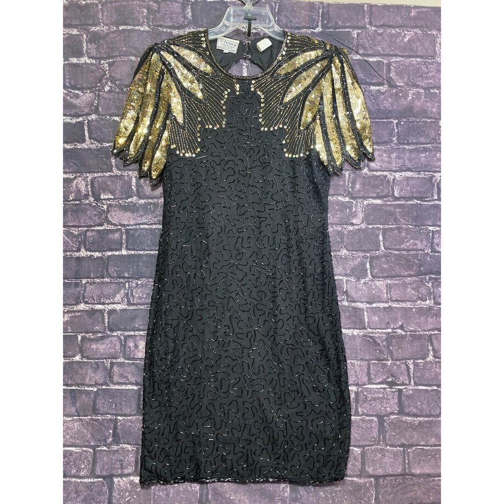 Vintage Stenay Silk Bead & Sequin Dress Black Gold Wings Glam Cocktail Party